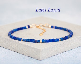 Dainty Lapis Lazuli Gemstone Cube Bead Bracelet, Tiny Blue Gemstone Minimalist Geometric Stacking Bracelet, Gold Fill / 925 Sterling Silver