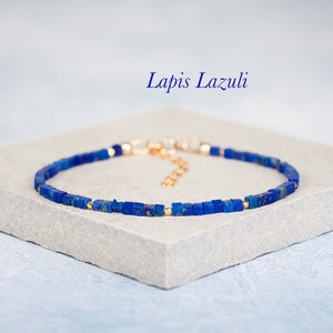 Dainty Lapis Lazuli Gemstone Cube Bead Bracelet, Tiny Blue Gemstone Minimalist Geometric Stacking Bracelet, Gold Fill / 925 Sterling Silver