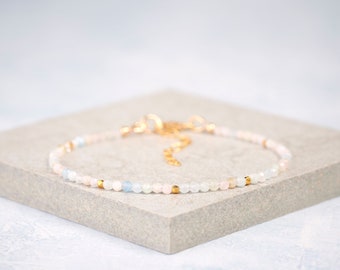 Dainty Morganite, Aquamarine, Heliodor (Multicolour Beryl) Gemstone Bracelet, Tiny Pale Pastel Pink & Blue Stacking Bracelet, Gold / Silver