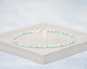 Dainty Larimar Gemstone Bracelet, Tiny 2mm Pale Blue Beads, Sterling Silver Or Gold Fill, Delicate Gemstone Stacking Bracelet