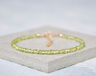 Peridot Bracelet, Tiny Green Gemstone Beaded Bracelet, Sterling Silver or Gold Fill, Gemstone Stacking Bracelet, August Birthstone