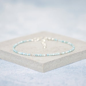 Dainty Larimar Gemstone Bracelet, Tiny 2mm Pale Blue Beads, Sterling Silver Or Gold Fill, Delicate Gemstone Stacking Bracelet