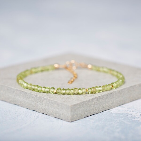 Peridot Bracelet, Tiny Green Gemstone Beaded Bracelet, Sterling Silver or Gold Fill, Gemstone Stacking Bracelet, August Birthstone