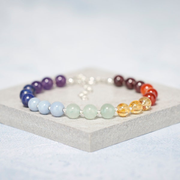 7 Chakra Rainbow Gemstone Bracelet, Sterling Silver or Gold Fill, Meditation Crystal Healing Bracelet, Stacking Bracelet