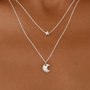 Solid Sterling Silver Moon and Star Layered Necklace, Dainty Two Layer Fine Chain Necklace, Crescent Moon and Star