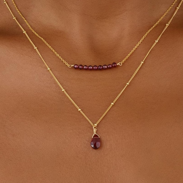 Garnet Layered Necklace, Two Strand Gemstone & 14k Gold Fill / 925 Sterling Silver Necklace, January Birthstone, Delicate Satellite Chain