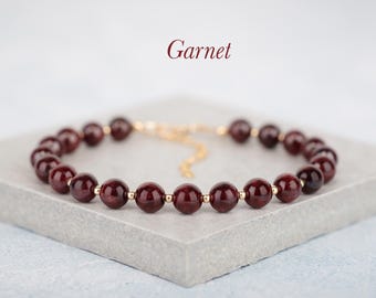 Garnet and 14k Gold Fill / Solid 925 Sterling Silver Bracelet, Classic Beaded January Birthstone Bracelet, 2nd Anniversary, Red Gemstone