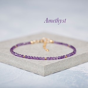 Dainty Amethyst Bracelet, Tiny High Quality Gemstone Beaded Stacking Bracelet, Gold Fill Sterling Silver, February Birthstone Gift for Her