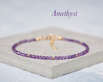 Dainty Amethyst Bracelet, Tiny High Quality Gemstone Beaded Stacking Bracelet, Gold Fill Sterling Silver, February Birthstone Gift for Her