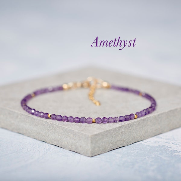 Dainty Amethyst Bracelet, Tiny High Quality Gemstone Beaded Stacking Bracelet, Gold Fill Sterling Silver, February Birthstone Gift for Her