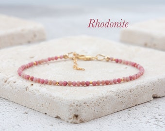 Dainty Rhodonite Gemstone Beaded Bracelet, Tiny Pink Minimalist Stacking Bracelet, Gold Fill/925 Sterling Silver