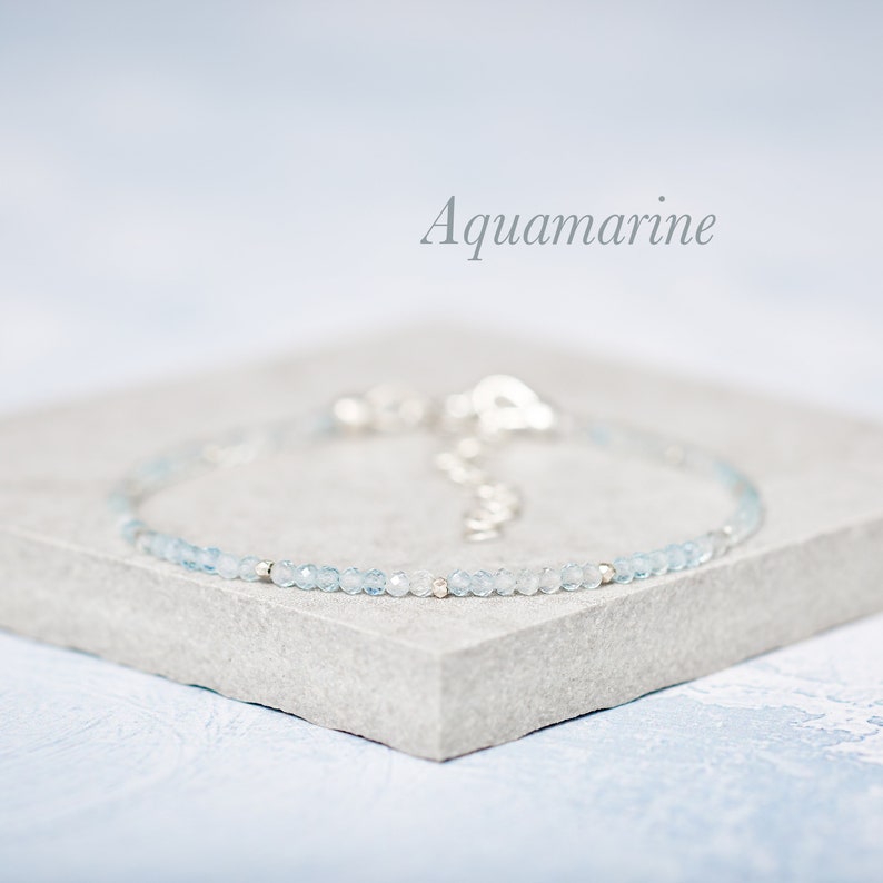 Dainty Aquamarine Gemstone Bracelet, Tiny AAA Grade Blue Aquamarine Beads, March Birthstone, Sterling Silver Or Gold Fill, Stacking Bracelet image 1