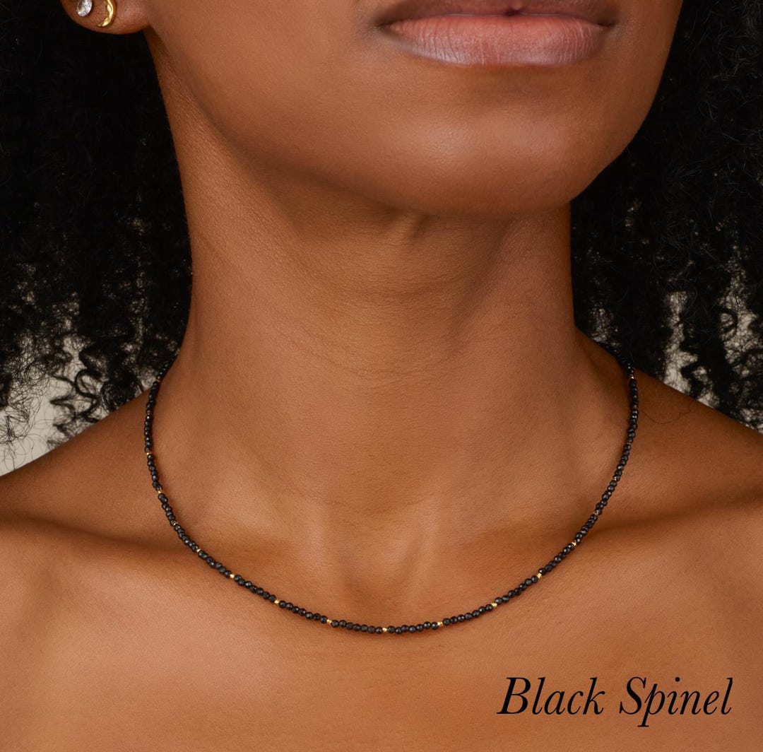 Dainty Black Spinel Necklace, Tiny Gemstone Beads, 14k Gold Fill