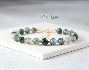 Moss Agate & Solid Sterling Silver / Gold Fill Bracelet, Classic 6mm Beaded Bracelet, Green Gemstones, Nature Lover Gift