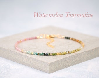 Dainty Tourmaline Gemstone Bracelet, Tiny 2mm Multicolour Watermelon Tourmaline, Gold Fill or Sterling Silver, Delicate Stacking Bracelet