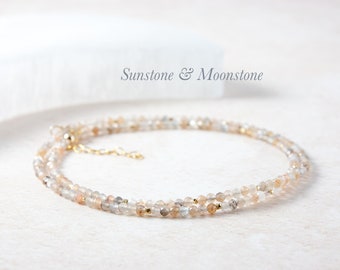 Dainty Sunstone & Moonstone Gemstone Necklace, Tiny Minimalist Necklace, Gold Fill / Sterling Silver, Multicolour Gemstone Jewellery Gift