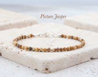 Dainty Picture Jasper Gemstone Beaded Bracelet, Tiny Sandy Beige Brown, Minimalist Stacking Bracelet, Gold Fill / 925 Sterling Silver