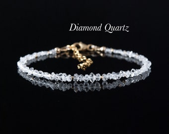 Dainty Diamond Quartz Gemstone Bracelet, Crystal Clear Double Terminated Quartz, April Birthstone Bracelet, Gold Fill/Sterling Silver