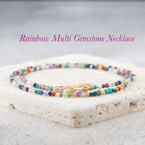Dainty Multi Gemstone Necklace, Tiny Rainbow Multicolour Crystal Beads, Delicate Layering Necklace, Small Beads, Gold Fill / Sterling Silver