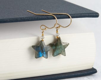 Labradorite Gemstone Star Earrings, Celestial Jewellery Gift, Intuition Crystal Dangle / Drop Earrings, Sterling Silver / Gold Fill