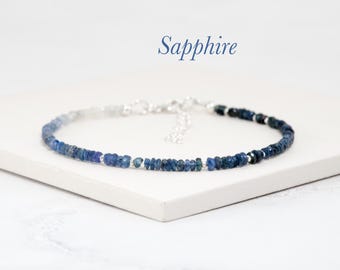 Blue Sapphire Bracelet, Dainty 3mm Ombre Shaded Blue Sapphire Gemstones, Sterling Silver / Gold Fill Stacking Bracelet, September Birthstone