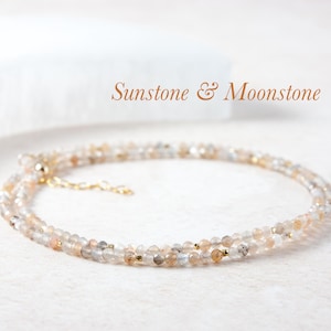 Dainty Sunstone & Moonstone Gemstone Necklace, Tiny Delicate Minimalist Beaded Necklace, Gold Fill / Sterling Silver, Orange Sunstone