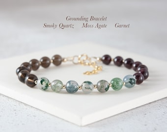 Grounding Gemstone Bracelet, Smoky Quartz Moss Agate & Garnet, Sterling Silver / Gold Fill, Root Chakra Crystal Healing Meditation Bracelet