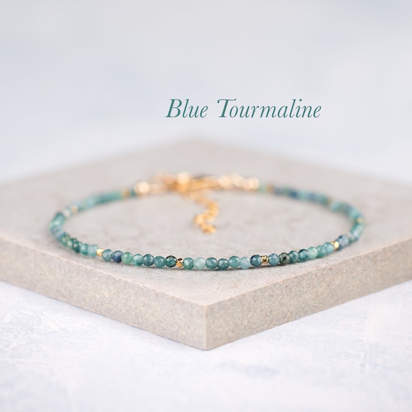 Dainty Blue Tourmaline Gemstone Bracelet, Tiny 2mm Blue Tourmaline Beaded Bracelet, Gold Fill or Sterling Silver Stacking Bracelet