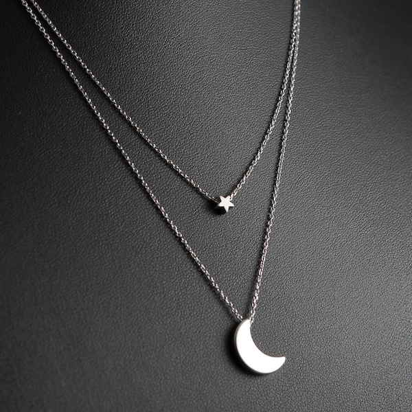 Silver Moon and Star Layered Necklace, Dainty Necklace, Delicate Fine Chain, Silver Crescent Moon and Star