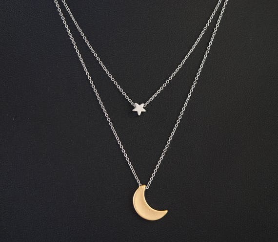 Gold and Silver Moon and Star Layered Necklace Dainty | Etsy