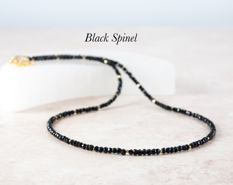 Dainty Black Spinel Necklace, Tiny Black Gemstone Beads, Gold Fill / Sterling Silver, Minimalist Layering Necklace Gift for Her