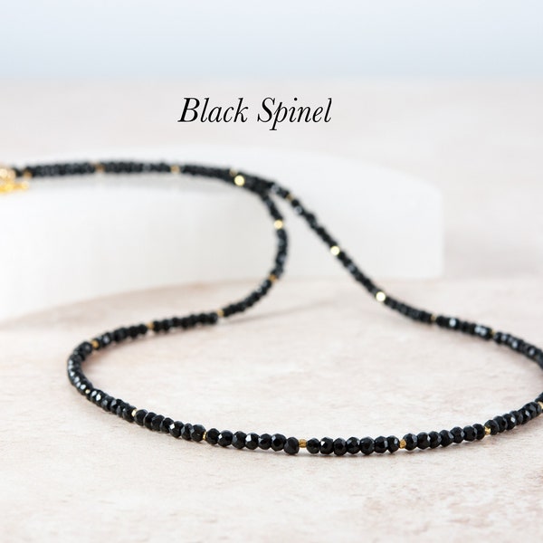 Dainty Black Spinel Necklace, Tiny Black Gemstone Beads, Gold Fill / Sterling Silver, Minimalist Layering Necklace Gift for Her