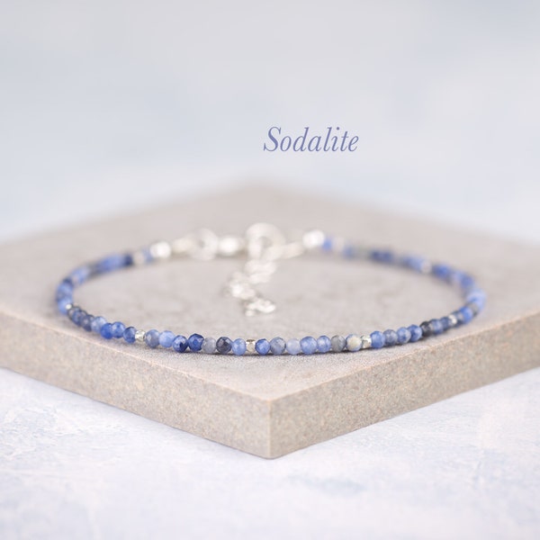 Dainty Sodalite Bracelet, Tiny 2mm Blue Gemstones, Sterling Silver or Gold Fill Minimalist Stacking Bracelet