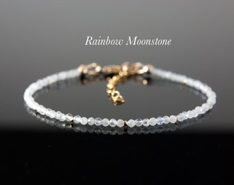 Dainty Rainbow Moonstone Gemstone Bracelet, Tiny Moonstone & Sterling Silver or Gold Fill Stacking Bracelet, June Birthstone Gift