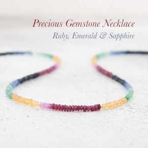 Dainty Ruby, Emerald and Sapphire Necklace, Blue, Yellow, Green & Red/Pink Precious Gemstones, Sterling Silver / Gold Fill, Delicate Jewelry