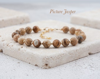 Picture Jasper Gemstone Beaded Bracelet, Sandy Beige Brown Gemstone Healing Bracelet, Gold Fill / 925 Sterling Silver, Protection, Good Luck