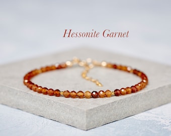 Dainty Hessonite Garnet Bracelet, Tiny Brown Gemstone Beaded Stacking Bracelet, Sterling Silver or Gold Fill, January Birthstone, Minimalist