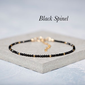 Black Spinel Bracelet, Tiny Black Gemstone and Gold Fill or Sterling Silver Beaded Bracelet, Slim Stacking Gemstone Bracelet