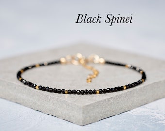 Black Spinel Bracelet, Tiny Black Gemstone and Gold Fill or Sterling Silver Beaded Bracelet, Slim Stacking Gemstone Bracelet