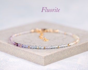 Dainty Fluorite Gemstone Bracelet, Tiny 2mm Multicolour Fluorite Beads, Sterling Silver or Gold Fill, Minimalist Stacking Bracelet