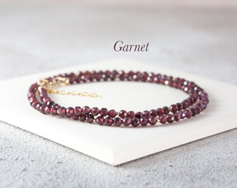Deep Red Garnet Dainty Gemstone Beaded Necklace, Gold Fill / Sterling Silver, January Birthstone Gift, 2nd Wedding Anniversary Gift