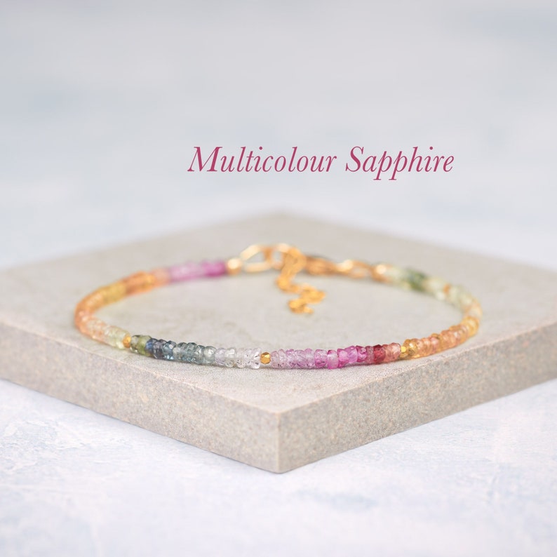 Dainty Multicolour Sapphire Gemstone Bracelet, Genuine Blue, Green, Pink & Yellow Sapphire, Sterling Silver/Gold Fill, September Birthstone image 1