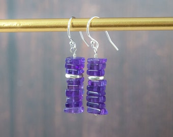 Amethyst Gemstone Earrings, Deep Dark Purple Amethyst Square Beads & Sterling Silver Geometric Earrings, February Birthstone Gift For Her