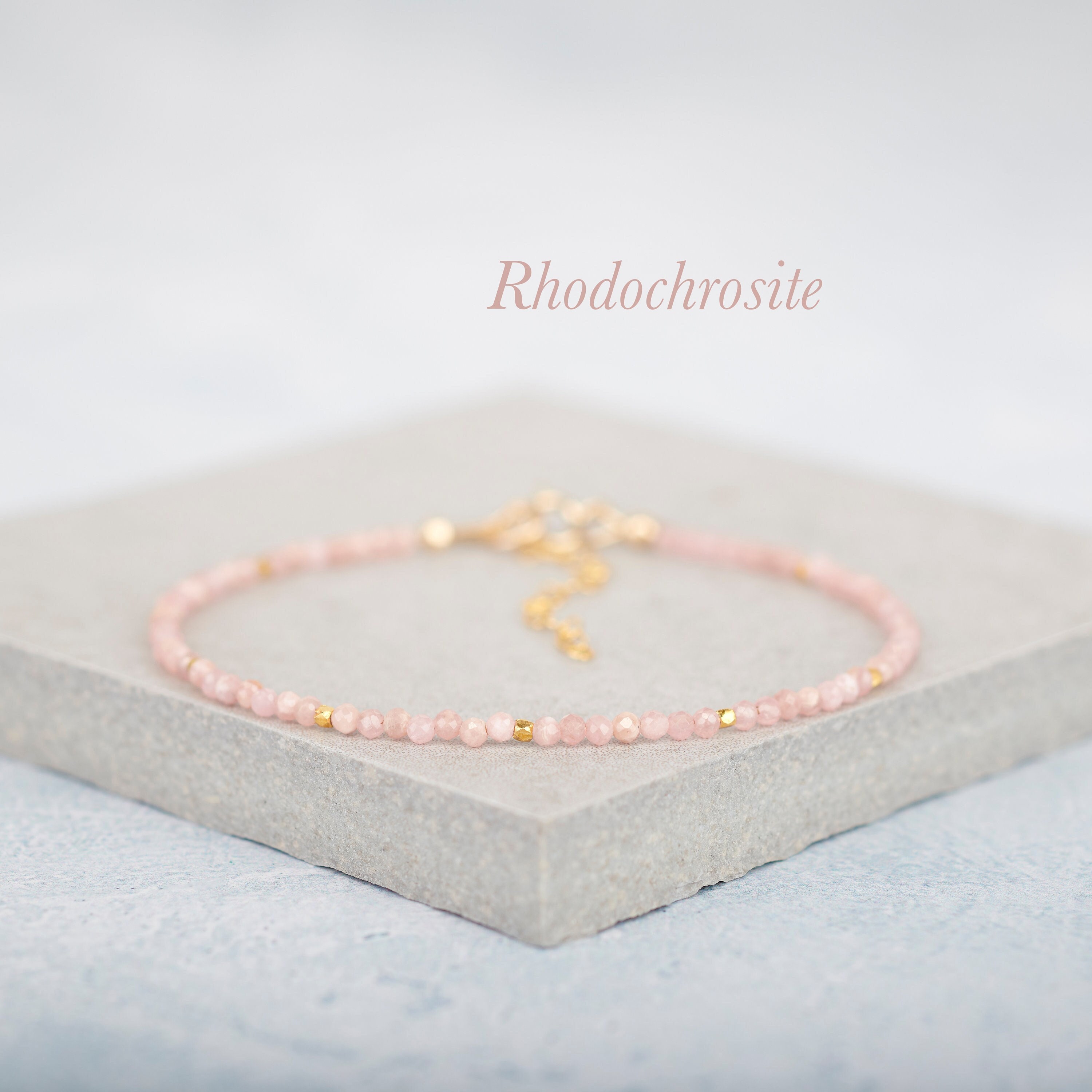 Rhodochrosite Dainty Gemstone Bracelet, Tiny Coral / Peach Pink Gemstone Beads, Gold Fill/925 Sterling Silver Stacking Bracelet, Love Stone