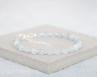 アクアマリンの宝石ブレスレット、3月の誕生石、スターリングシルバー