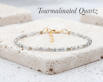 Dainty Rutilated Quartz Gemstone Bracelet, Tiny Black Tourmalinated Quartz Beaded Stacking Bracelet, Minimalist, Gold Fill/Sterling Silver