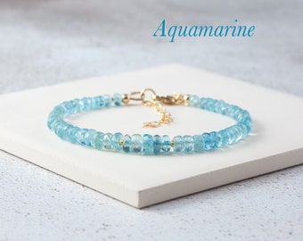 Aquamarine Gemstone Bracelet, Deep Blue Aquamarine & Sterling Silver / Gold Fill Stacking Bracelet, 3-5mm, March Birthstone Gift For Her