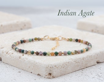 Dainty Indian Agate Gemstone Bracelet, Tiny Green & Multicolour Agate Beads, Minimalist Stacking Bracelet, Gold Fill / 925 Sterling Silver