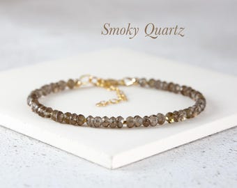 Smoky Quartz Bracelet in 14k Gold Fill / Solid 925 Sterling Silver, Delicate Brown Gemstone Minimalist Stacking Bracelet