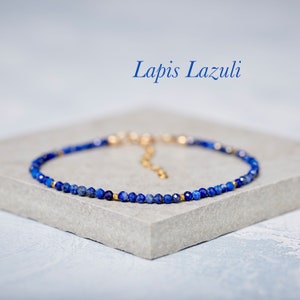 Lapis Lazuli Dainty Gemstone Bracelet, Tiny Blue Gemstone Beaded Bracelet, Skinny Stacking Bracelet, Gold Fill or 925 Sterling Silver